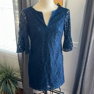 Adrianna Papell Blue Lace Ruffle Sleeve Dress Women’s Size 8 Petite